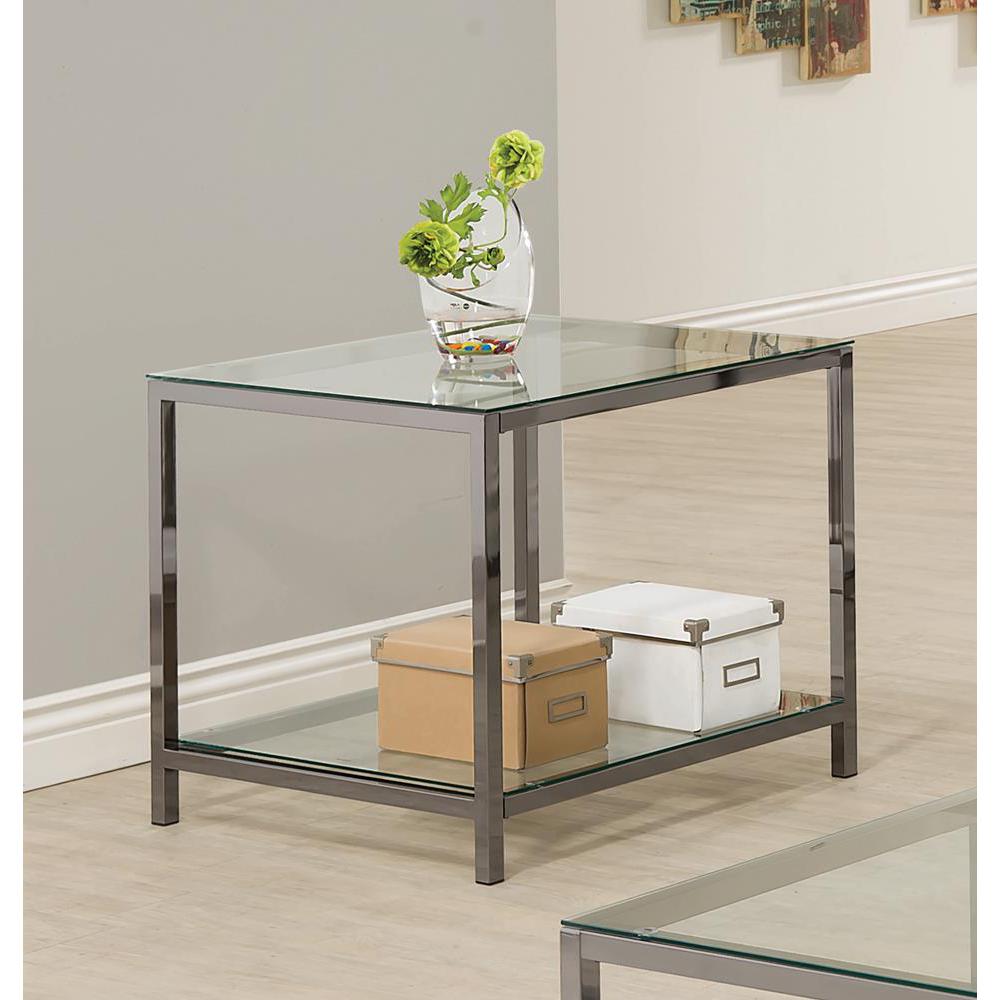 Trini End Table with Glass Shelf Black Nickel. Picture 1