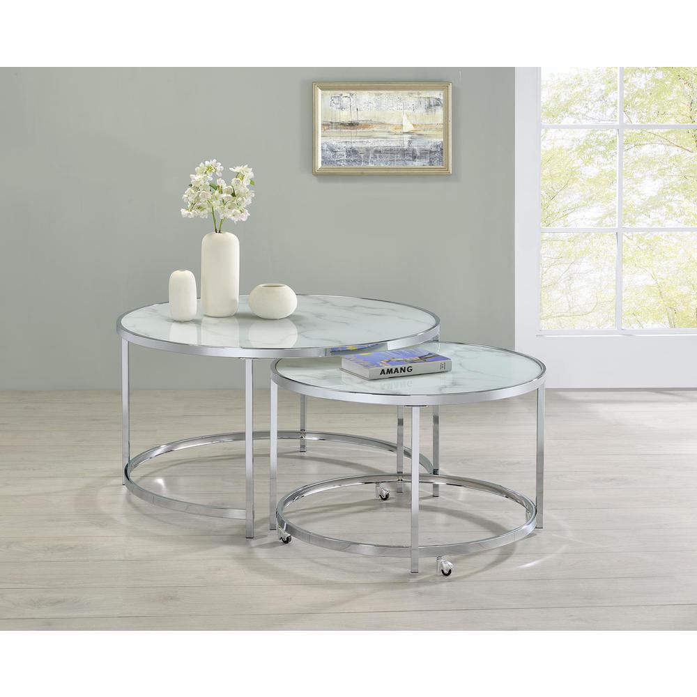 Lynn 2-piece Round Nesting Table White and Chrome. Picture 1