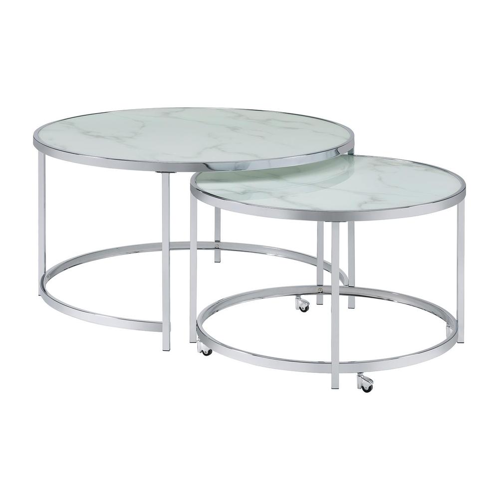 Lynn 2-piece Round Nesting Table White and Chrome. Picture 2