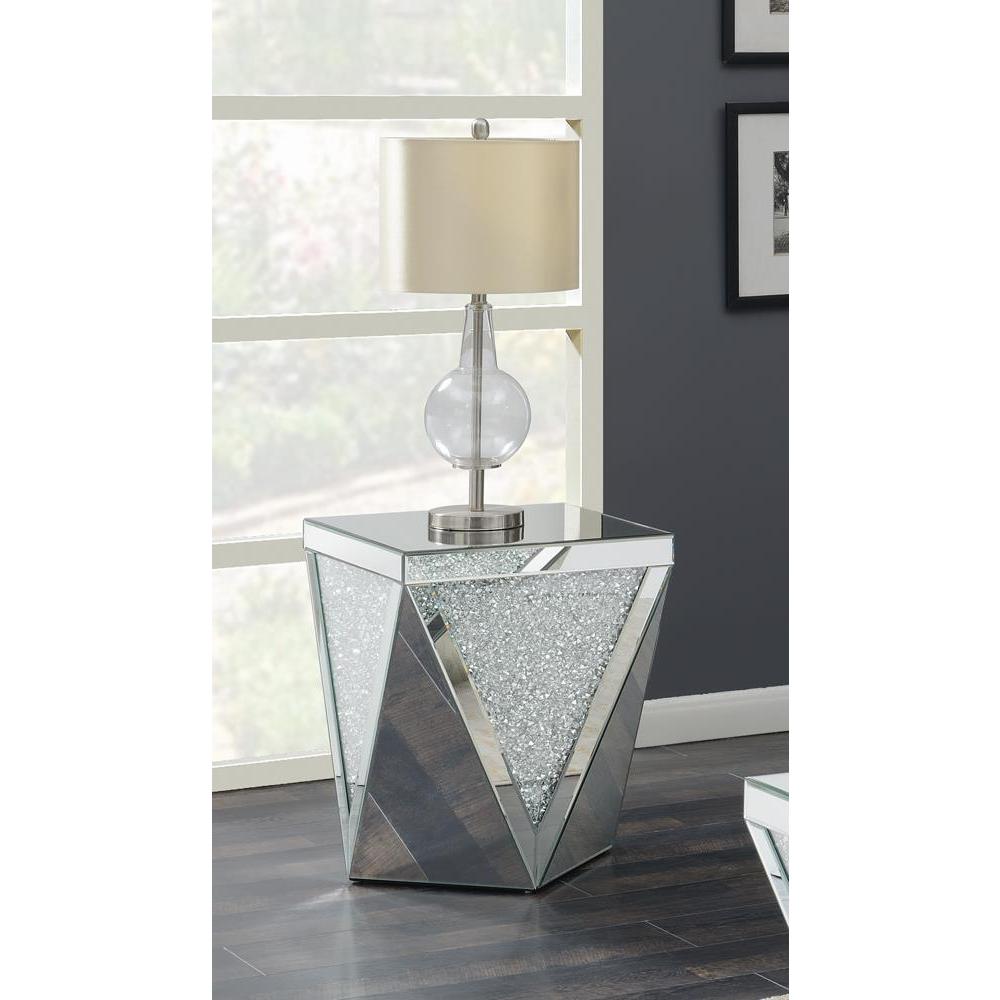 Amore Square End Table with Triangle Detailing Silver and Clear Mirror. Picture 1