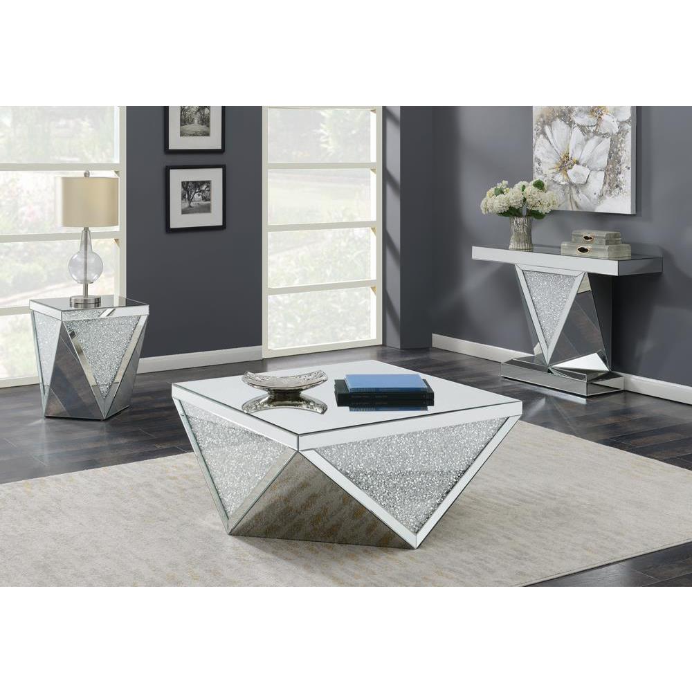 Amore Square End Table with Triangle Detailing Silver and Clear Mirror. Picture 4