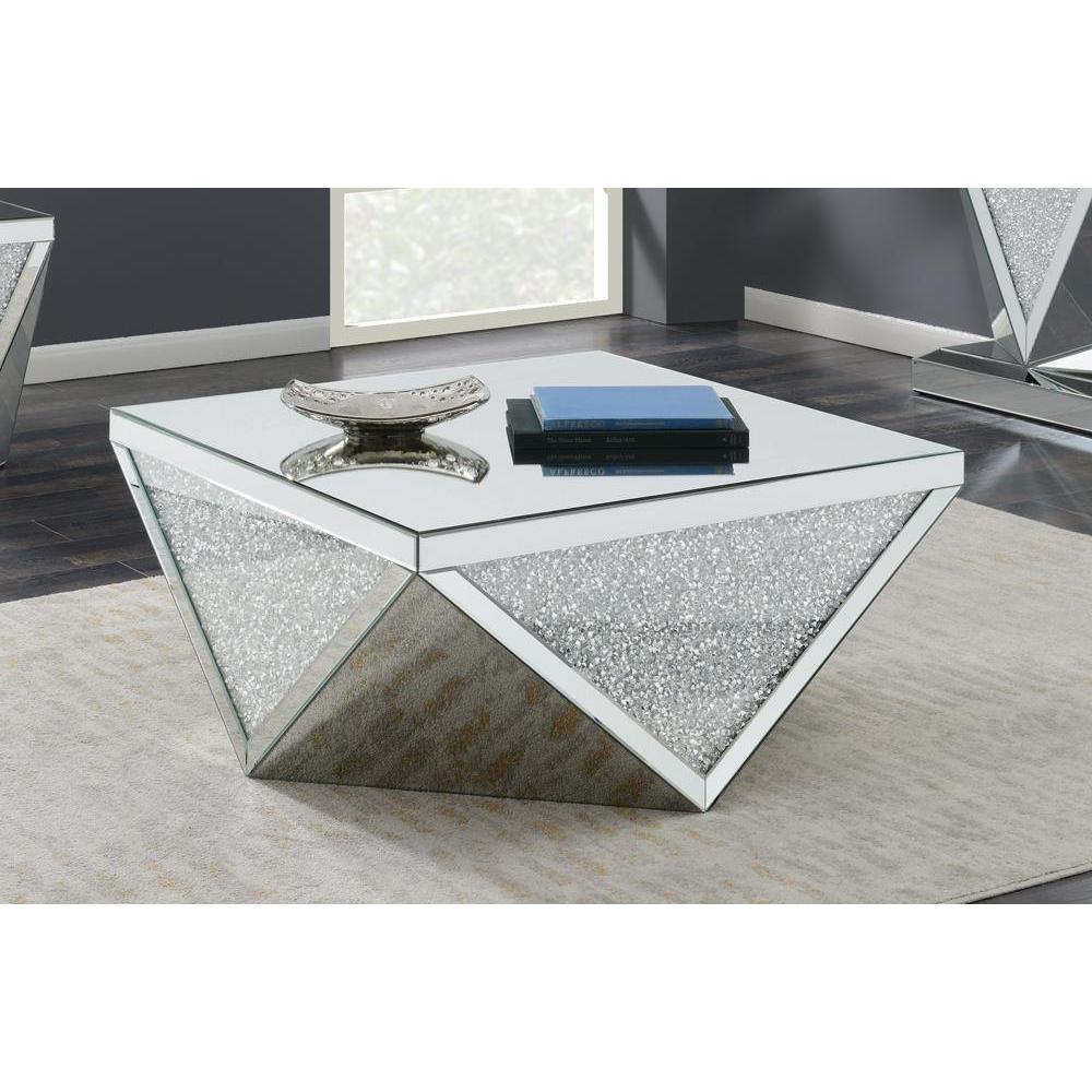Amore Square Coffee Table with Triangle Detailing Silver and Clear Mirror. Picture 1