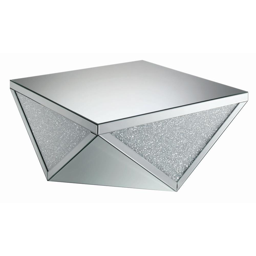 Amore Square Coffee Table with Triangle Detailing Silver and Clear Mirror. Picture 2