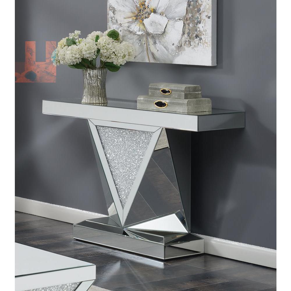 Amore Rectangular Sofa Table with Triangle Detailing Silver and Clear Mirror. Picture 1