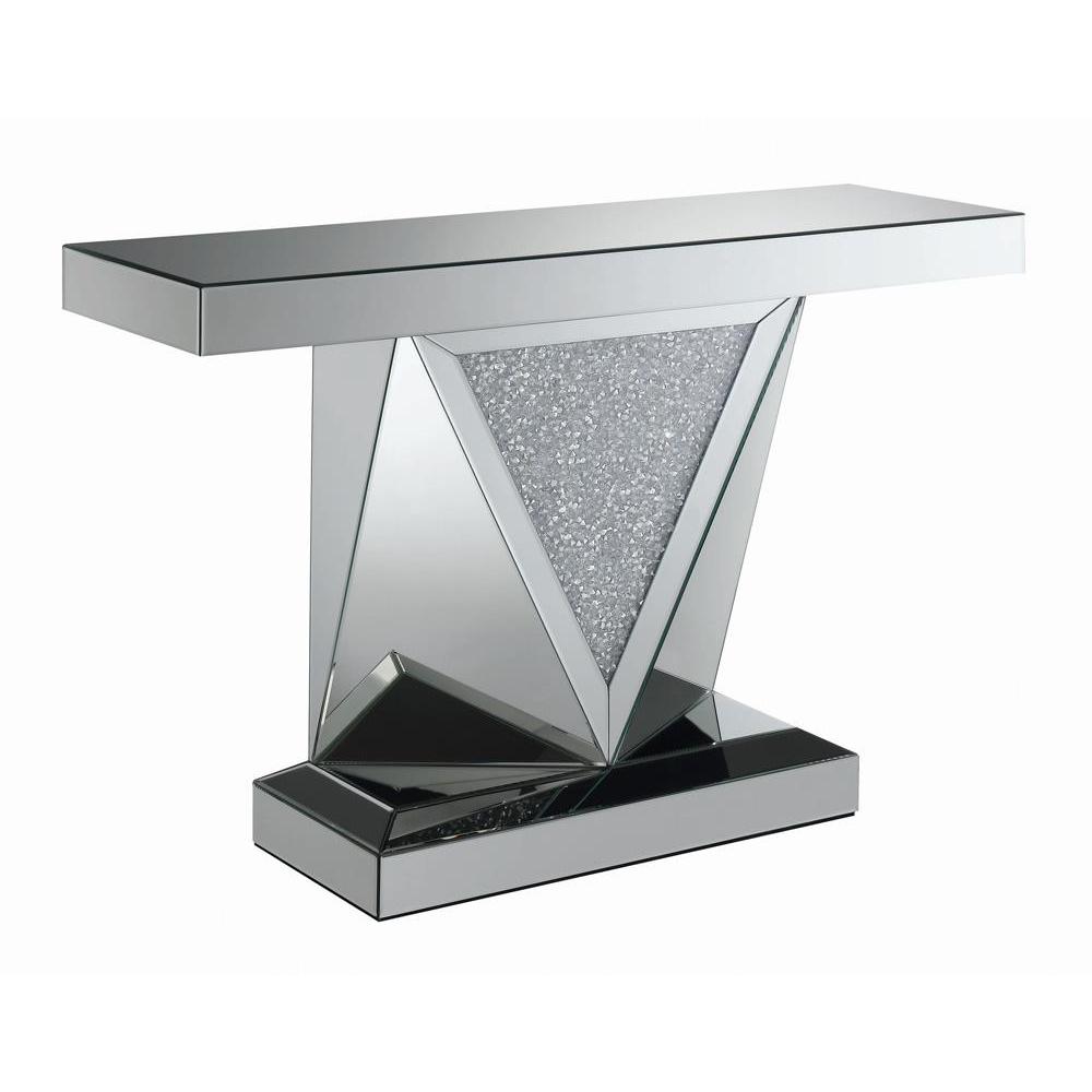 Amore Rectangular Sofa Table with Triangle Detailing Silver and Clear Mirror. Picture 2
