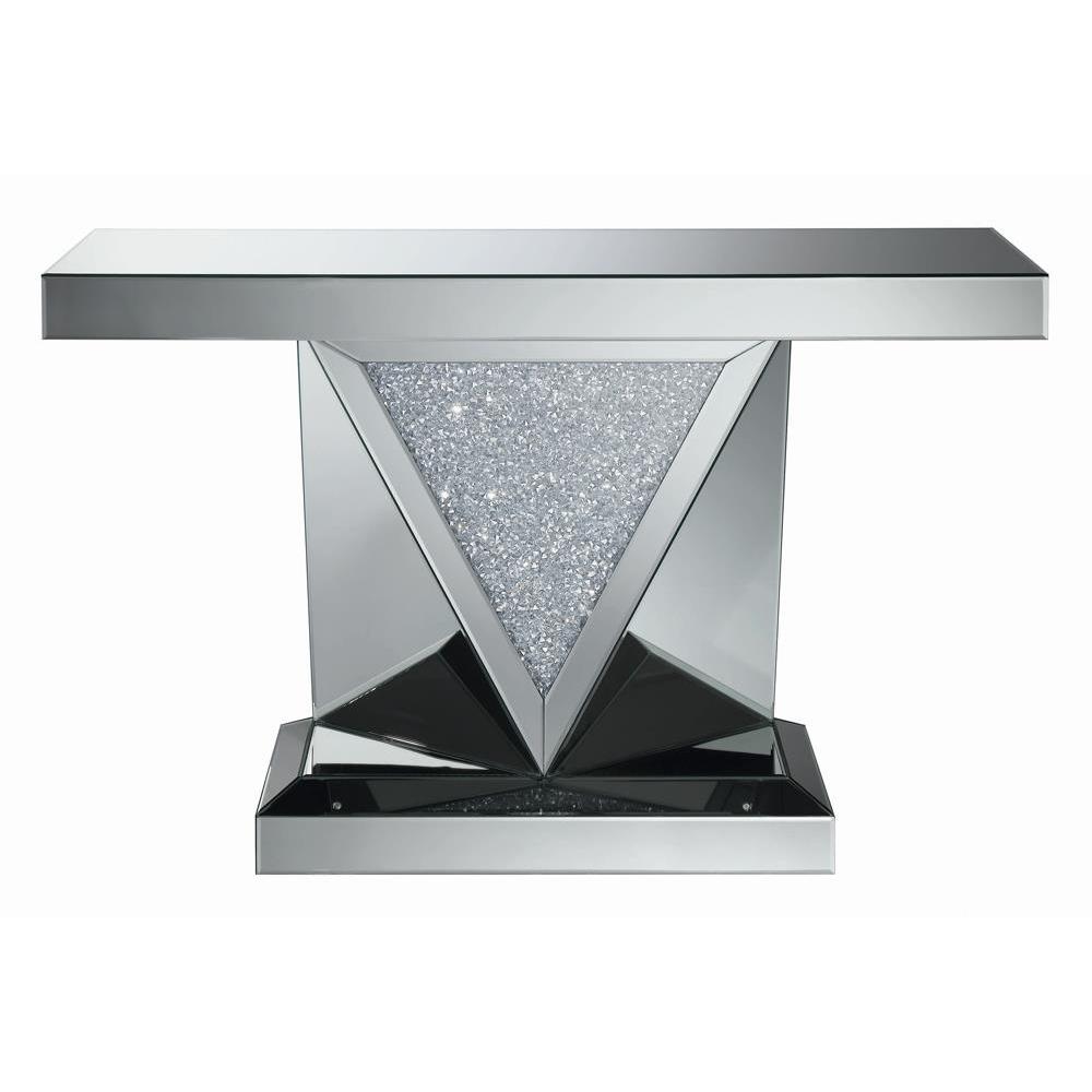 Amore Rectangular Sofa Table with Triangle Detailing Silver and Clear Mirror. Picture 3