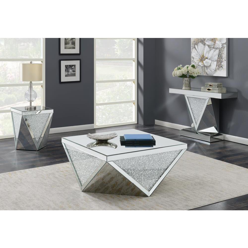Amore Rectangular Sofa Table with Triangle Detailing Silver and Clear Mirror. Picture 4