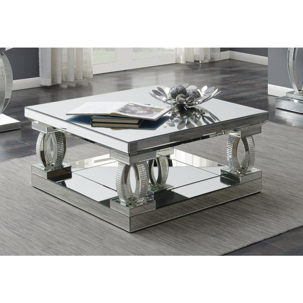 Amalia Square Coffee Table with Lower Shelf Clear Mirror. Picture 1
