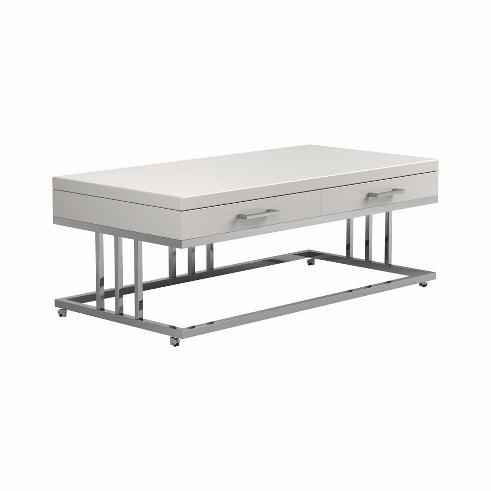 Dalya 2-drawer Rectangular Coffee Table Glossy White and Chrome. Picture 2