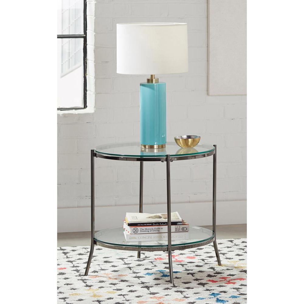 Laurie Round Glass Top End Table Black Nickel and Clear. Picture 1