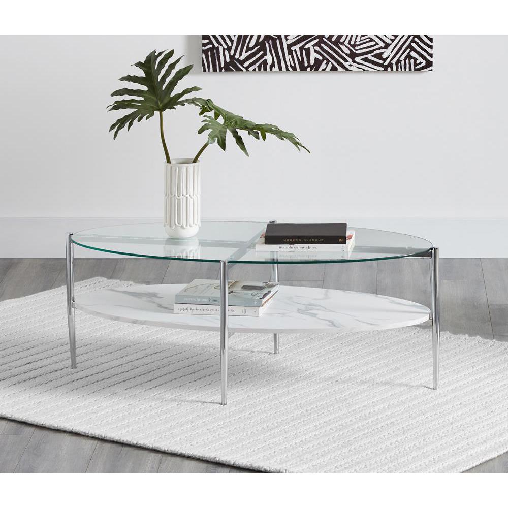 Cadee Round Glass Top Coffee Table White and Chrome. Picture 1