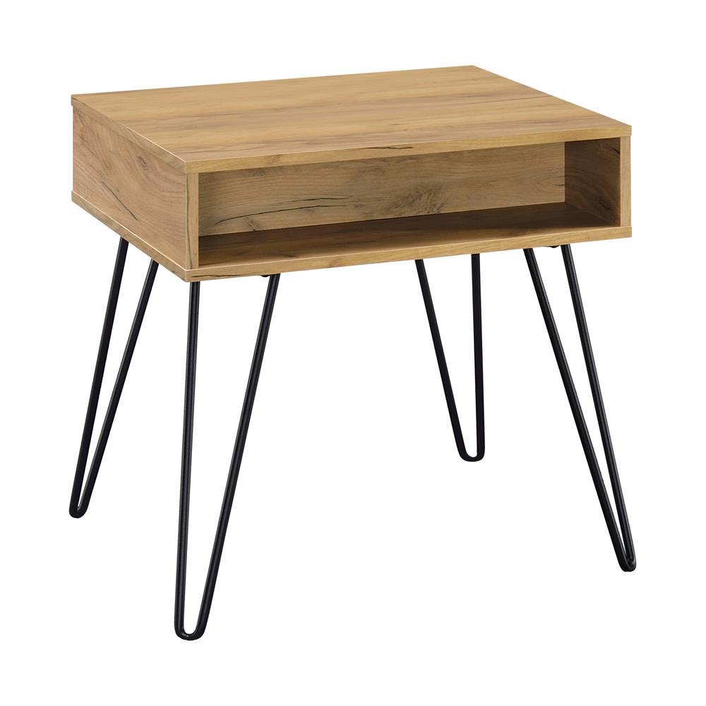 Fanning Square End Table with Open Compartment Golden Oak and Black. Picture 2