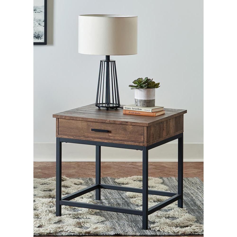 Byers Square 1-drawer End Table Brown Oak and Sandy Black. Picture 1