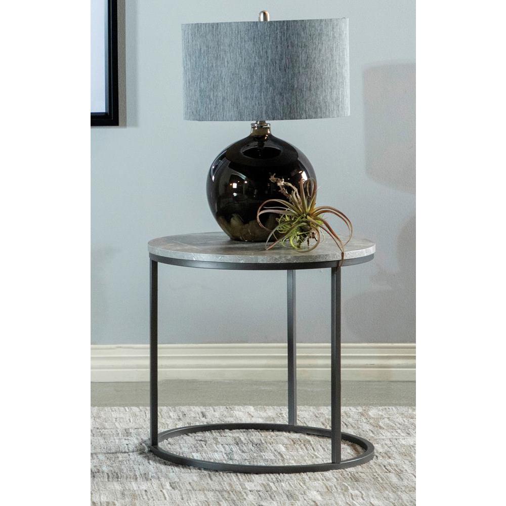 Lainey Faux Marble Round Top End Table Grey and Gunmetal. Picture 1
