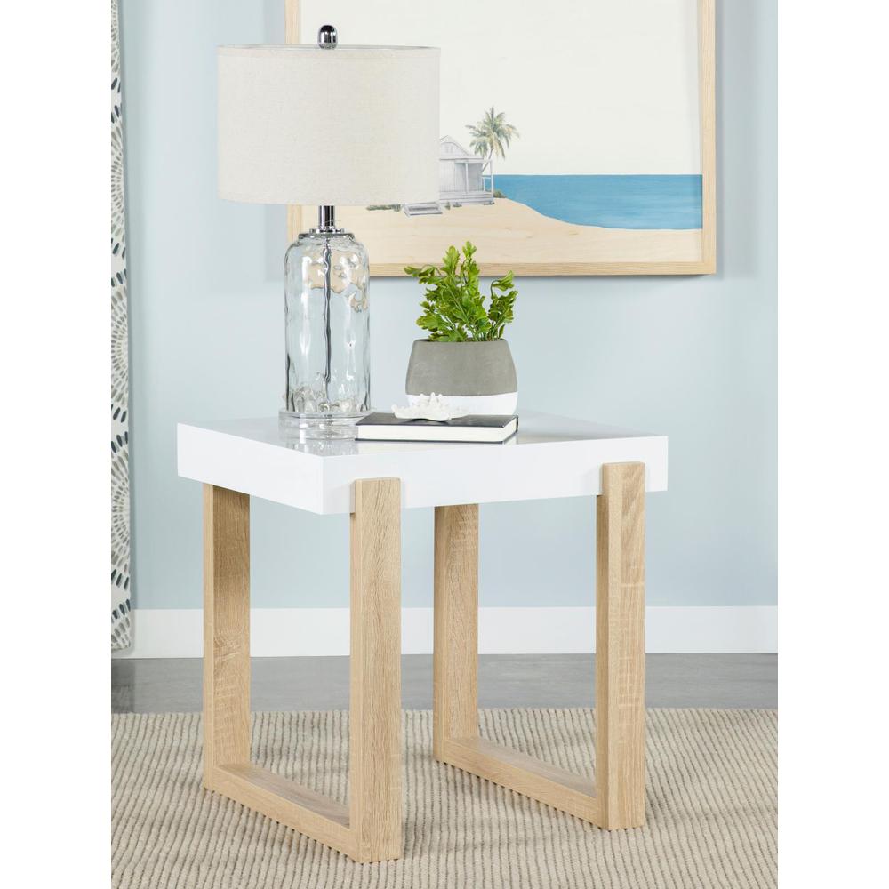 Pala Rectangular End Table with Sled Base White High Gloss and Natural. Picture 1