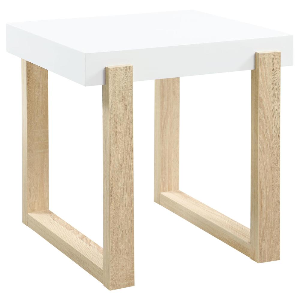 Pala Rectangular End Table with Sled Base White High Gloss and Natural. Picture 2