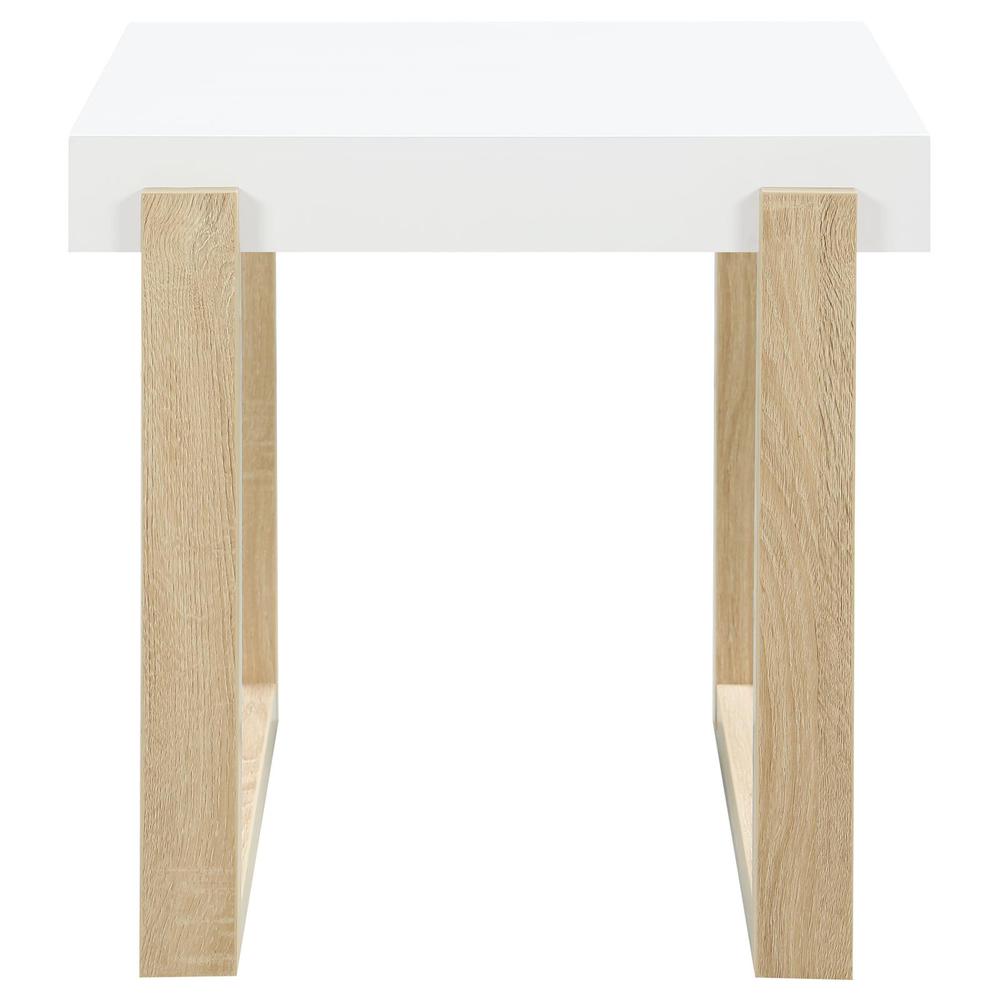 Pala Rectangular End Table with Sled Base White High Gloss and Natural. Picture 3