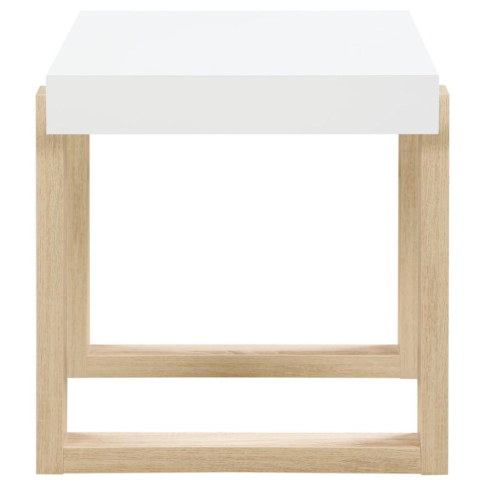 Pala Rectangular End Table with Sled Base White High Gloss and Natural. Picture 4