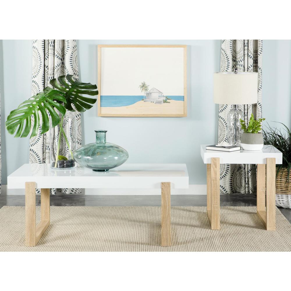 Pala Rectangular End Table with Sled Base White High Gloss and Natural. Picture 7