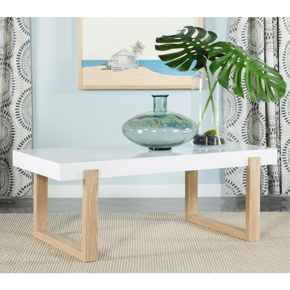 Pala Rectangular Coffee Table with Sled Base White High Gloss and Natural. Picture 1
