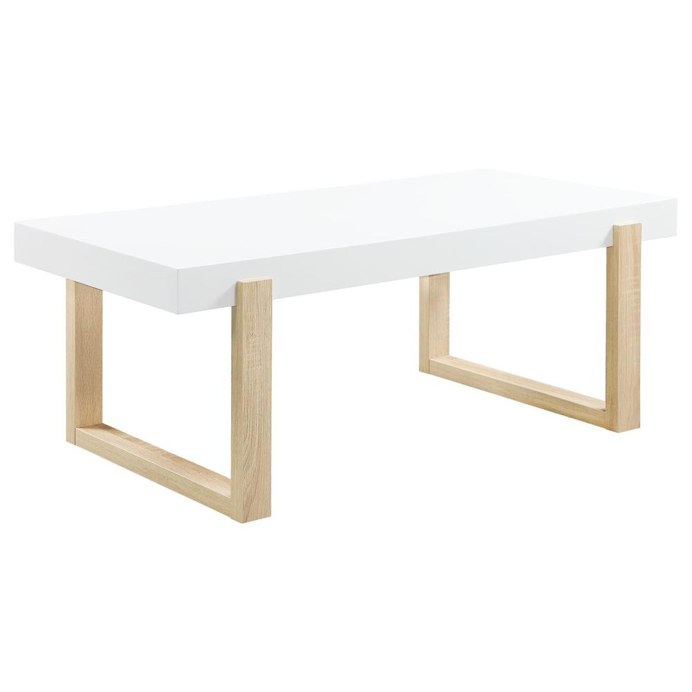 Pala Rectangular Coffee Table with Sled Base White High Gloss and Natural. Picture 2