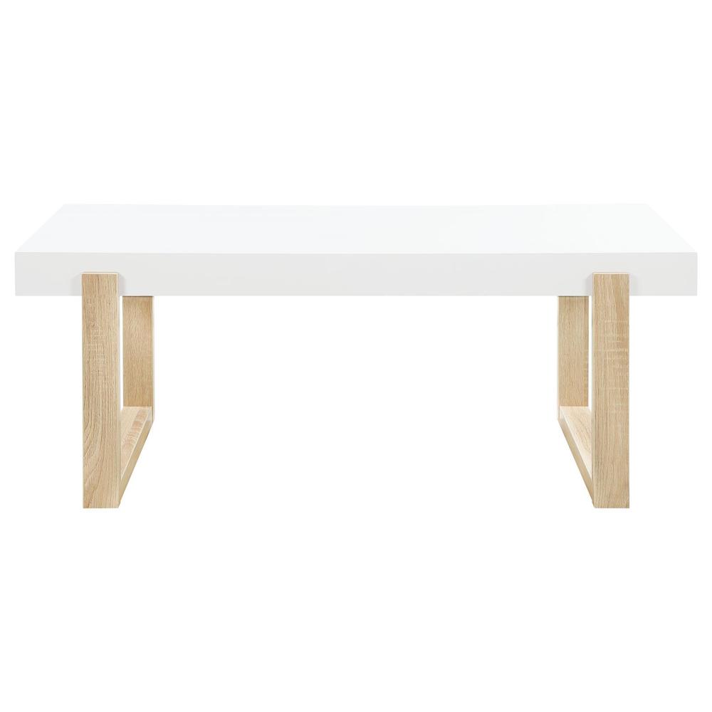 Pala Rectangular Coffee Table with Sled Base White High Gloss and Natural. Picture 3