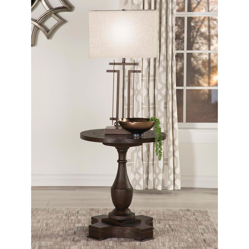 Morello Round End Table with Pedestal Base Coffee. Picture 1