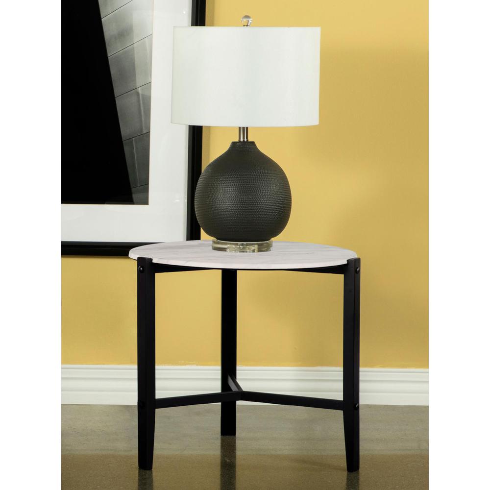 Tandi Round End Table Faux White Marble and Black. Picture 1