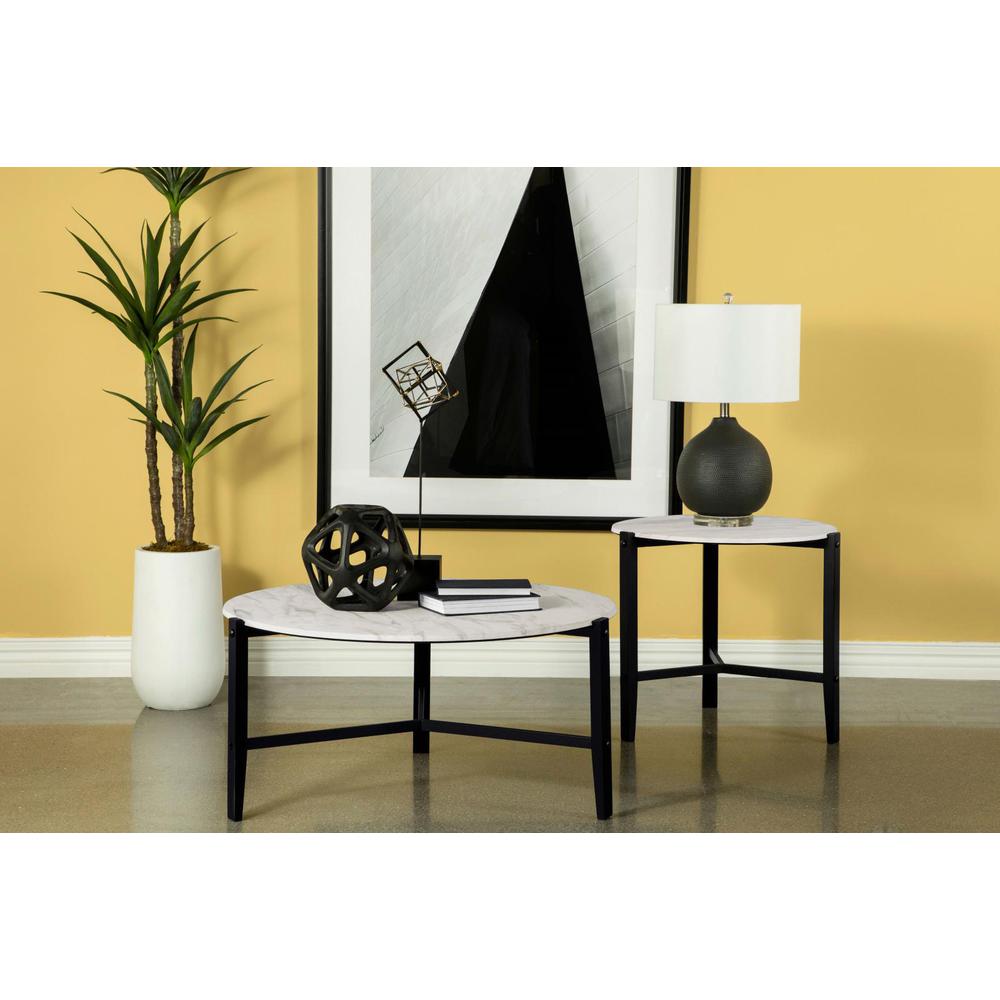 Tandi Round End Table Faux White Marble and Black. Picture 9