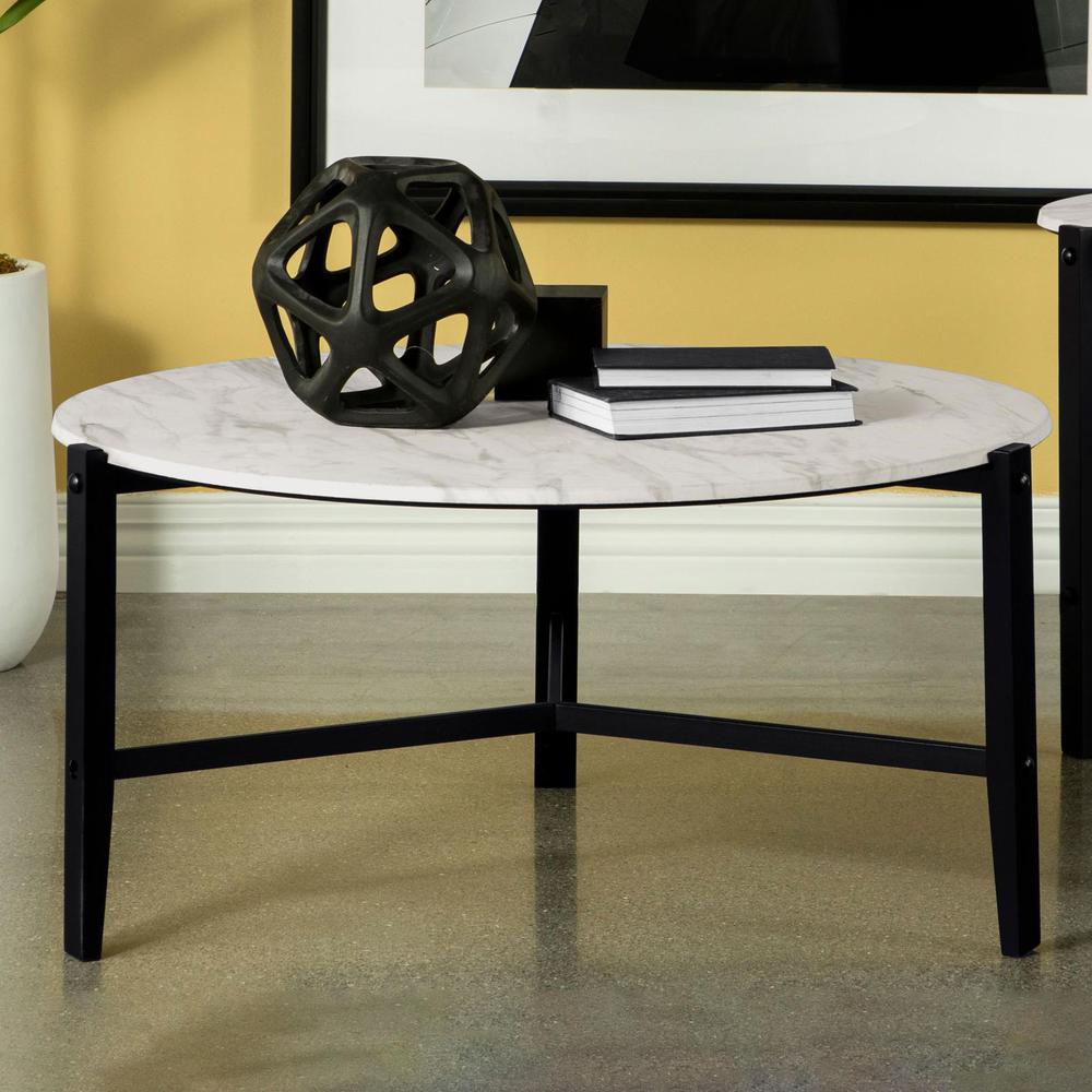 Tandi Round Coffee Table Faux White Marble and Black. Picture 1