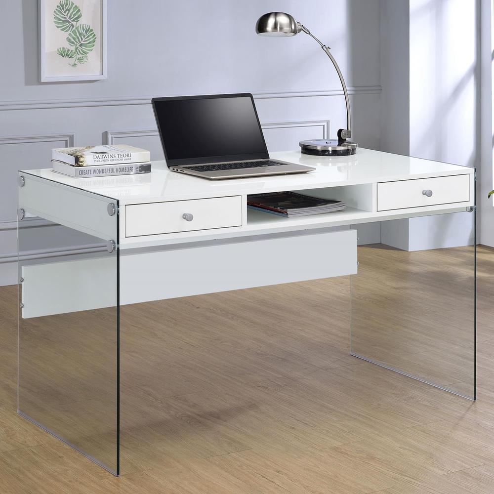 Dobrev 2-drawer Writing Desk Glossy White and Clear. Picture 1