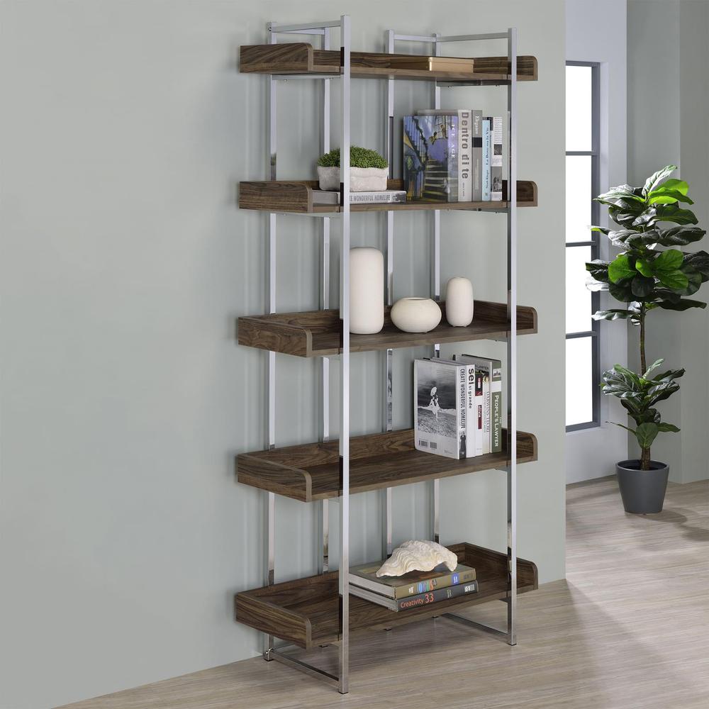 Angelica 5-shelf Bookcase Walnut and Chrome. Picture 1
