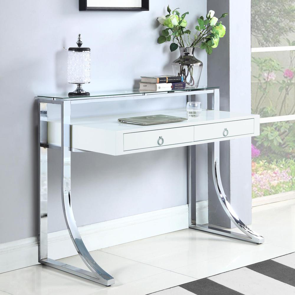 Gemma 2-drawer Writing Desk Glossy White and Chrome. Picture 1