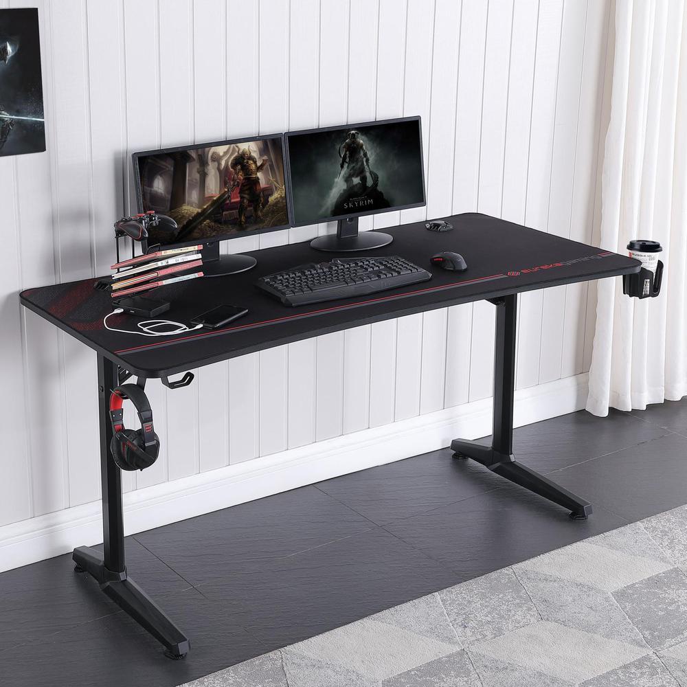 Tarnov Rectangular Metal Gaming Desk with USB Ports Black. Picture 1