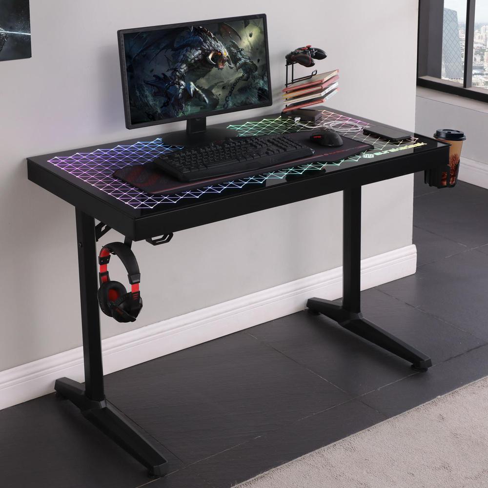 Avoca Tempered Glass Top Gaming Desk Black. Picture 1