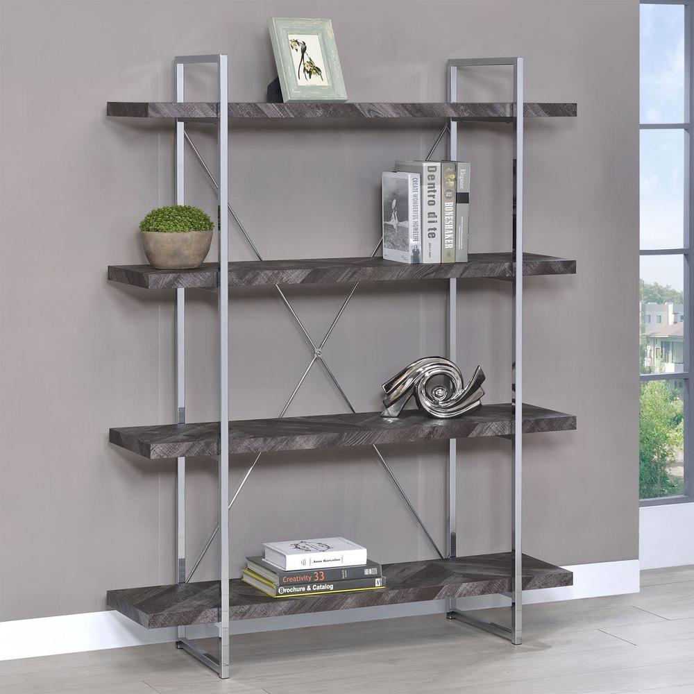 Grimma 4-shelf Bookcase Rustic Grey Herringbone. Picture 1