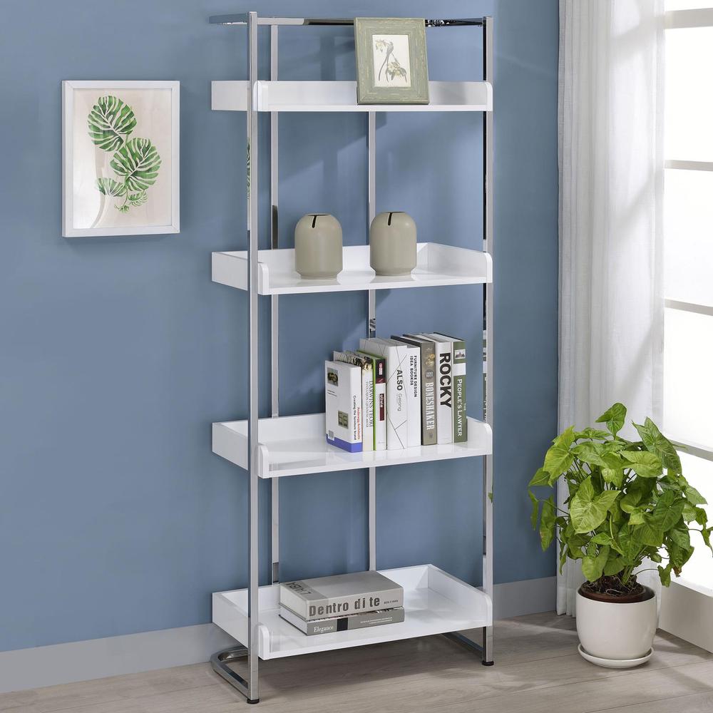 Ember 4-shelf Bookcase White High Gloss and Chrome. Picture 2
