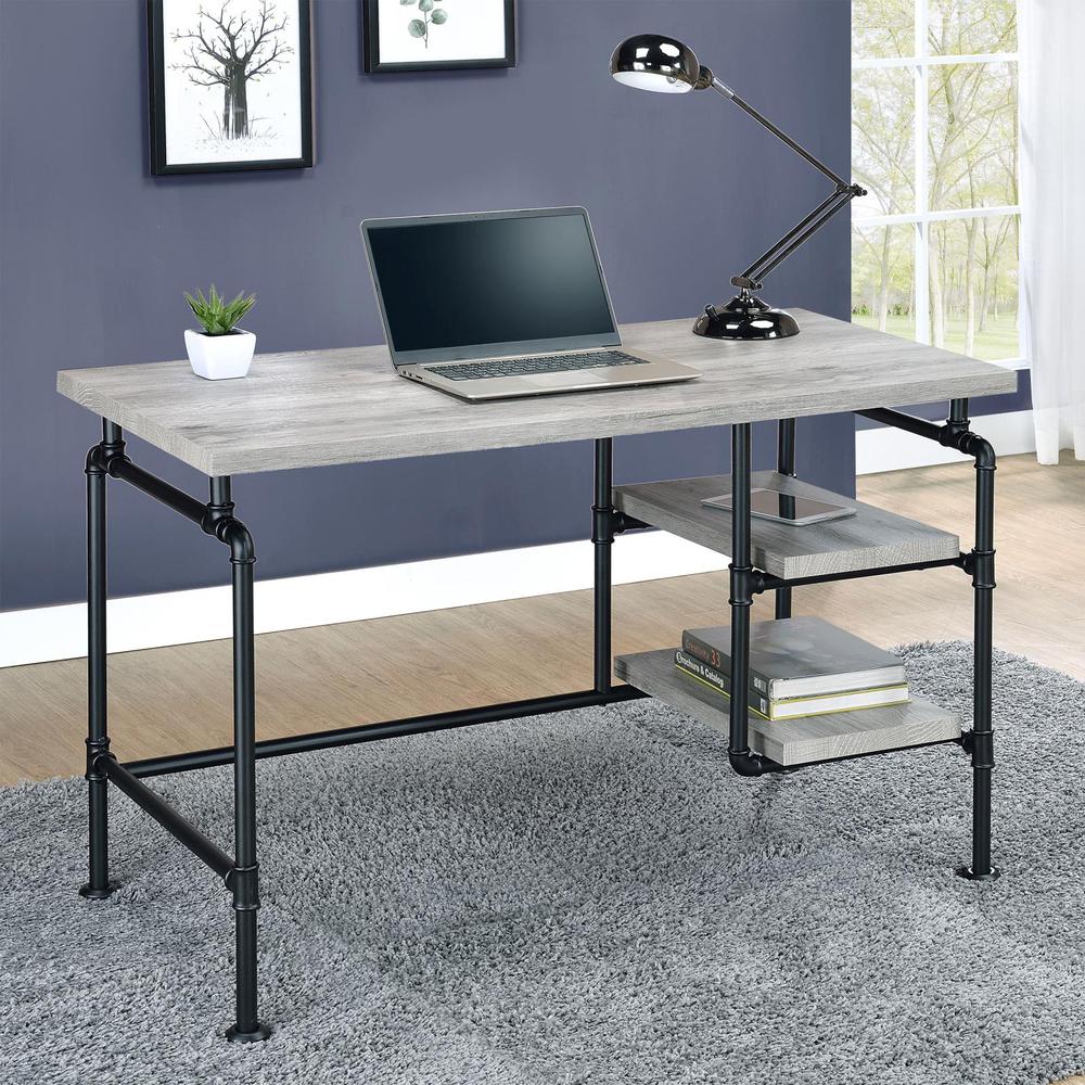 Delray 2-tier Open Shelving Writing Desk Grey Driftwood and Black. Picture 1