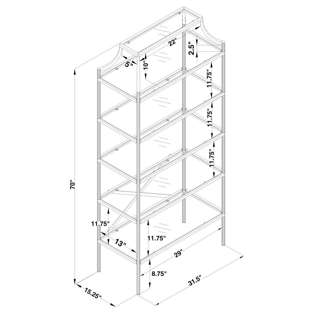 Serena 5-tier Tempered Glass Shelves Bookcase Matte Gold. Picture 11