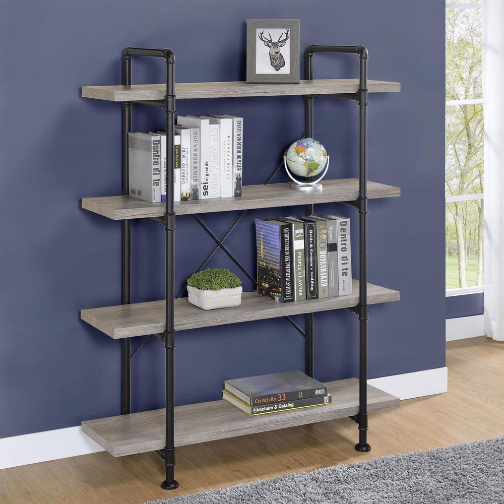 Delray 4-tier Open Shelving Bookcase Grey Driftwood and Black. Picture 1