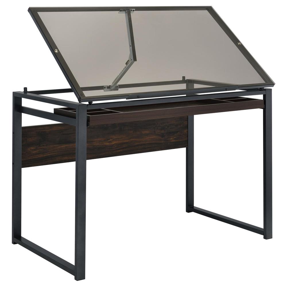 Pantano Glass Top Drafting Desk Dark Gunmetal and Chestnut. Picture 5