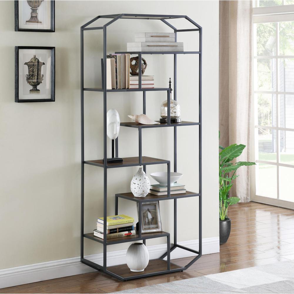Leland 6-shelf Bookcase Rustic Brown and Dark Grey. Picture 1