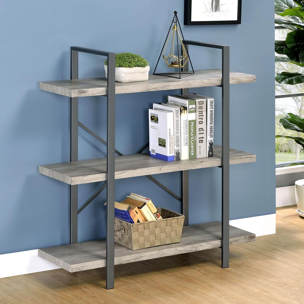Cole 3-Shelf Bookcase Grey Driftwood and Gunmetal. Picture 1
