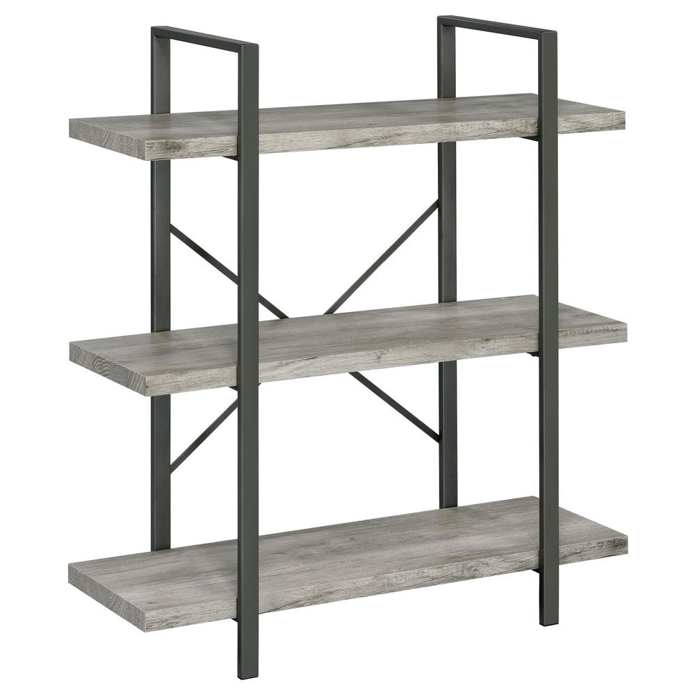 Cole 3-Shelf Bookcase Grey Driftwood and Gunmetal. Picture 2