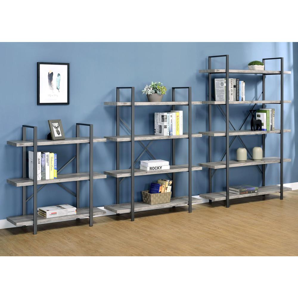 Cole 3-Shelf Bookcase Grey Driftwood and Gunmetal. Picture 12