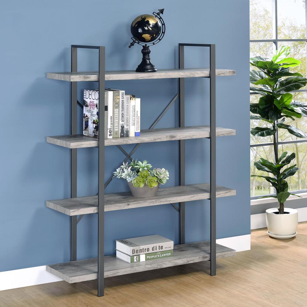 Cole 4-Shelf Bookcase Grey Driftwood and Gunmetal. Picture 1