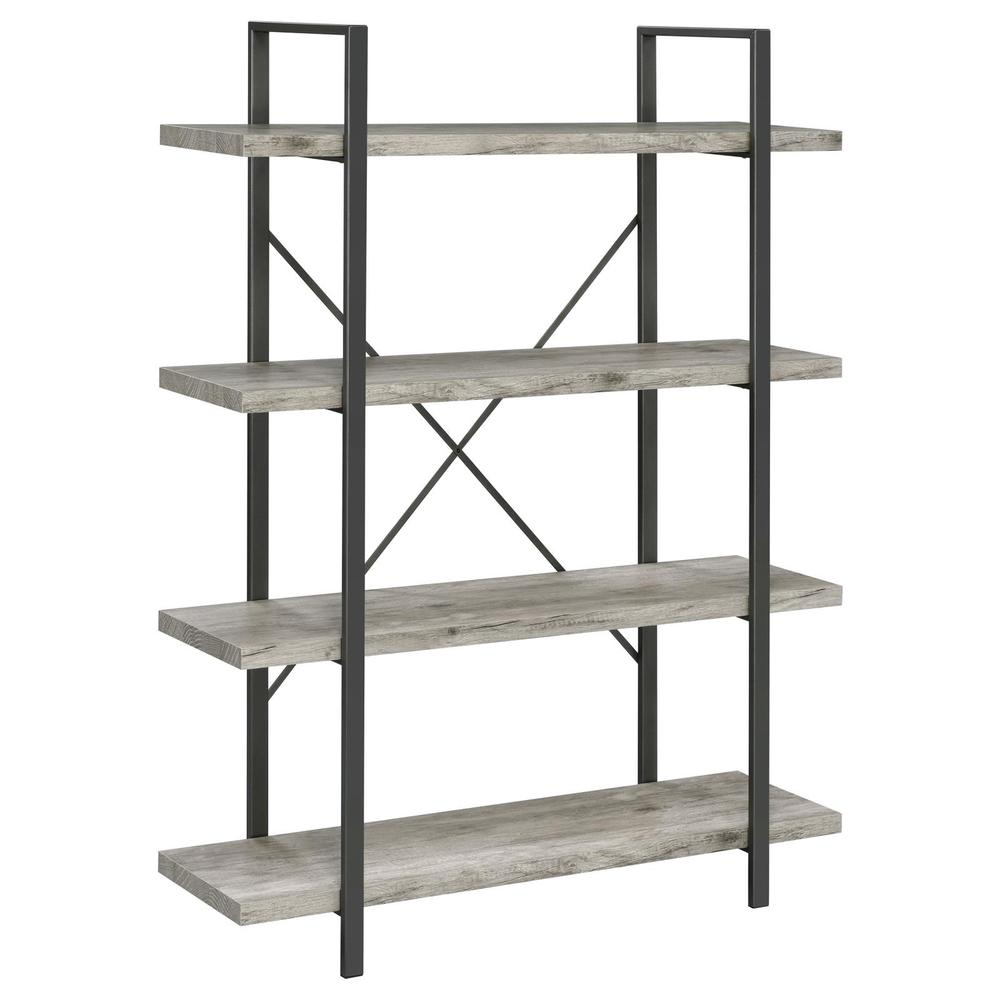 Cole 4-Shelf Bookcase Grey Driftwood and Gunmetal. Picture 2
