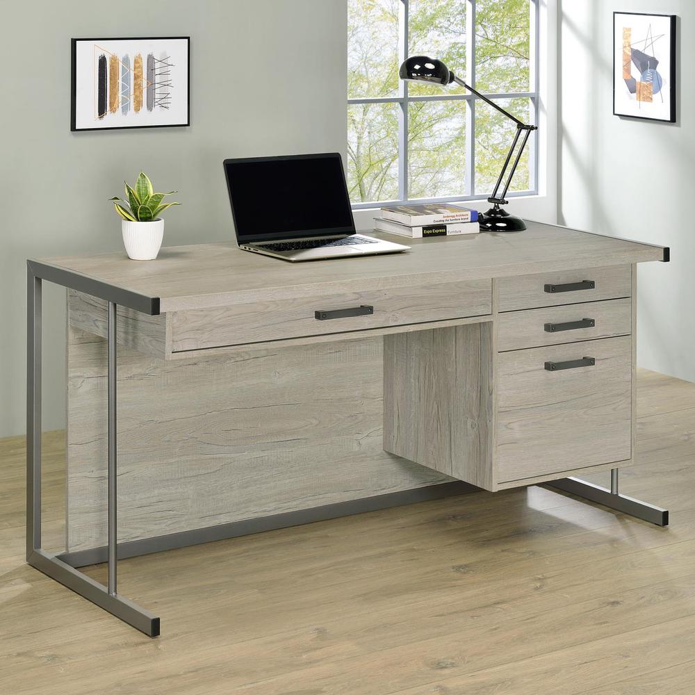 Loomis 4-drawer Rectangular Office Desk Whitewashed Grey and Gunmetal. Picture 1