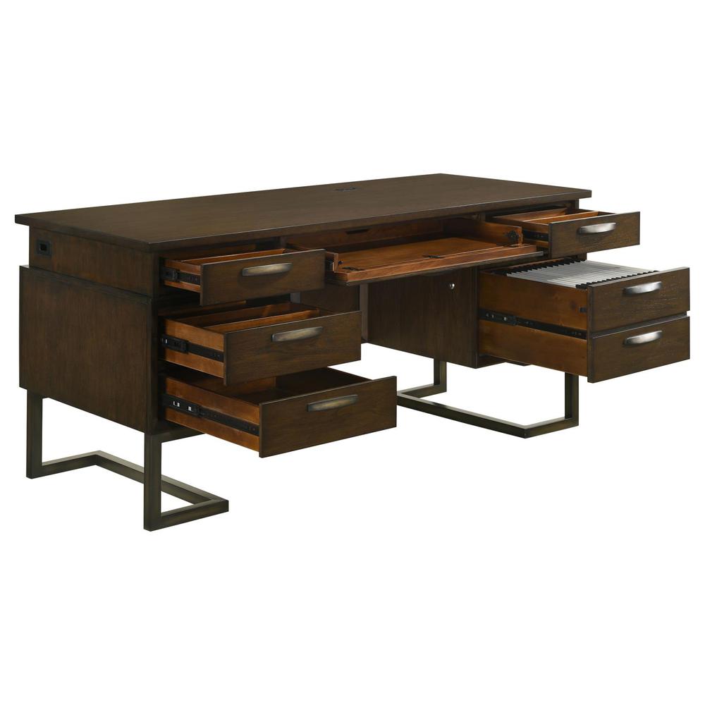 Marshall 6-drawer Executive Desk Dark Walnut and Gunmetal. Picture 1
