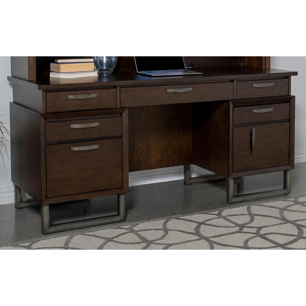 Marshall 5-drawer Credenza Desk With Power Outlet Dark Walnut and Gunmetal. Picture 15